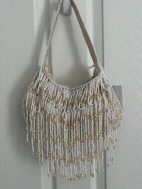 Beaded Fringed Bag Cream and Gold Handcrafted in India NWT